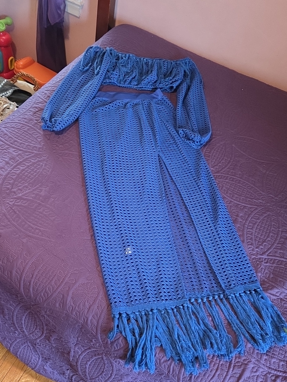 Blue Crochet Off-Shoulder Maxi Dress with Fringe